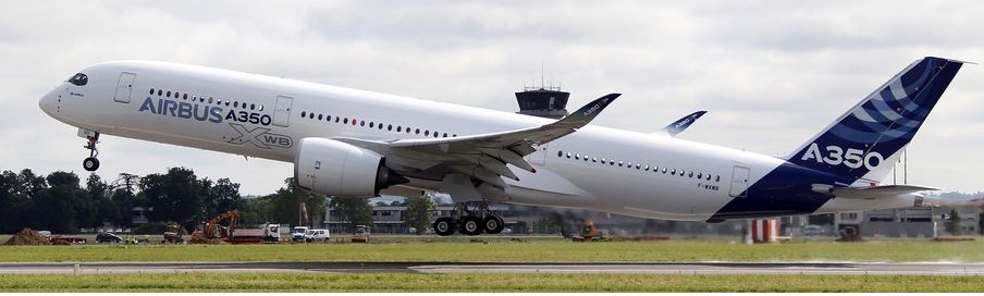The Airbus A350 XWB takes off on its maiden flight on 14 June 2013 from Aéroport de Toulouse-Blagnac. 