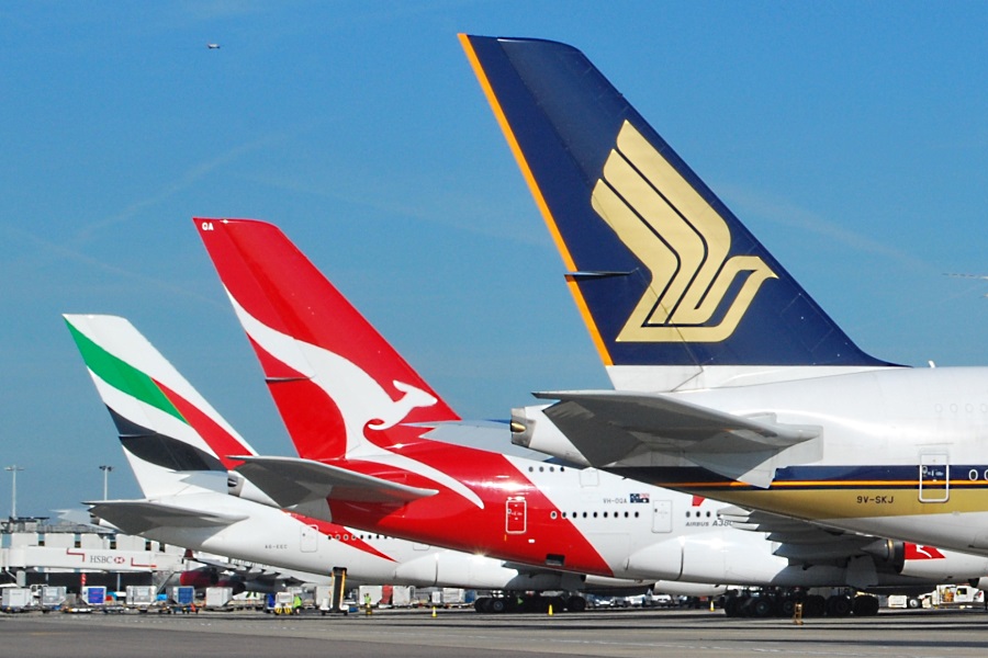 Modern Airliners lined up in livery colours.