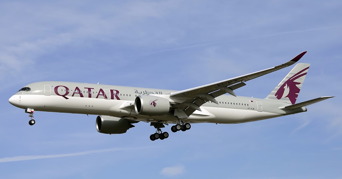 Airbus A350-900 of Qatar Airways on approach for landing at Frankfurt.
