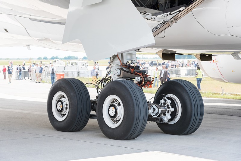 Airbus A350-941 (reg. F-WWCF, MSN 002) main landing gear at ILA Berlin Air Show 2016.