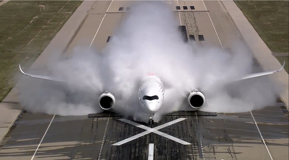 Airbus A350 runway water test.