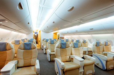 Airbus A380 Business Class on the upper deck seating example.