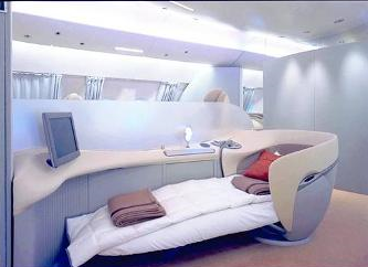 Airbus A380 First Class private cabin sleeping position.