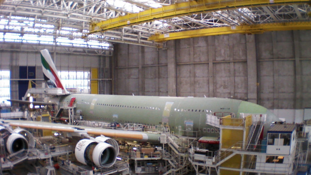  An Airbus A380 destined for Emirates takes shape in the Toulouse factory. When production ends for the Super Jumbo in 2021, there are an estimated 3,500 jobs that will be at risk. 