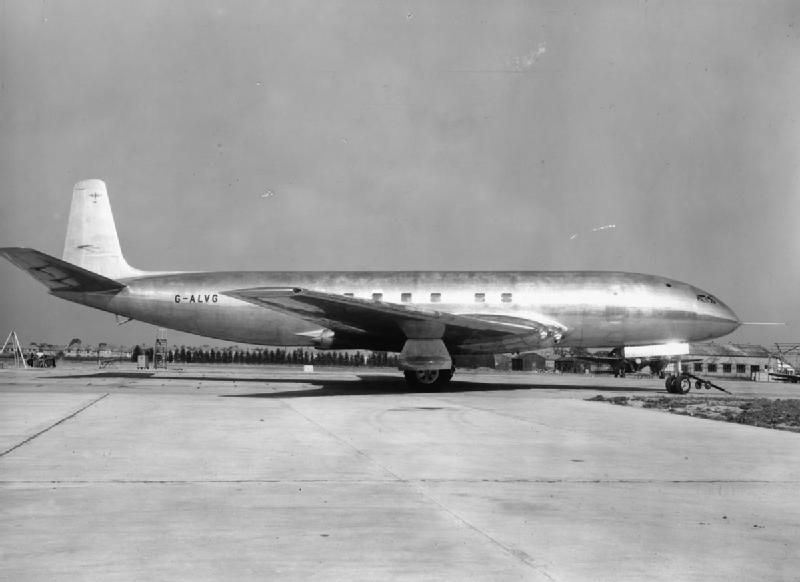  A de-Havilland Comet airliner prototype at Hatfield England. You can notice the very square shape of the windows compared to those we are used to today. This was how it was done on propeller-driven airliners of the past, but was to prove fatal in the jet age. 