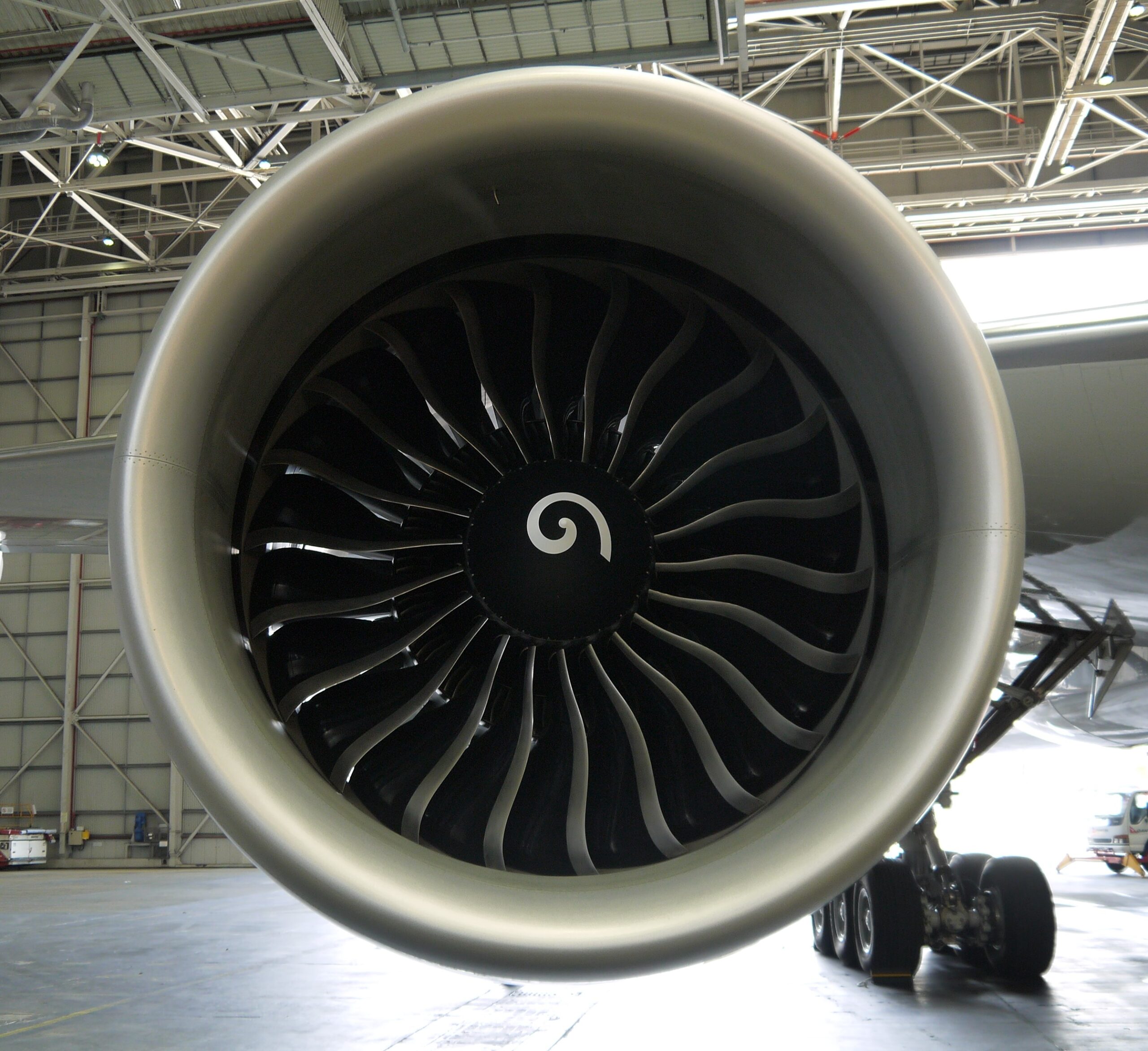 Front view of the General Electric GE GE90-115B engine which is currently the largest turbofan jet engine in the world. 