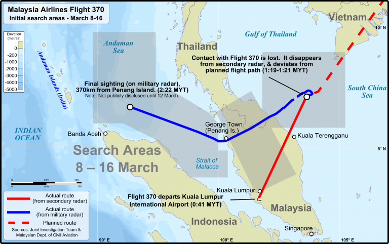 The initial search area for MH370 centered on the logical areas around the Malaysian Peninsula.