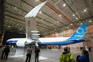  A Boeing 777-9 showing off the folding with tip. This enables the 777 to achieve higher lift in flight, thereby reducing fuel consumption but still fitting into current airport gates.  