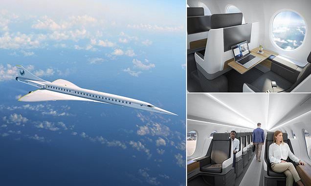  Boom Overture in flight and cabin interior. The seating will be two across with storage underneath the seats. 