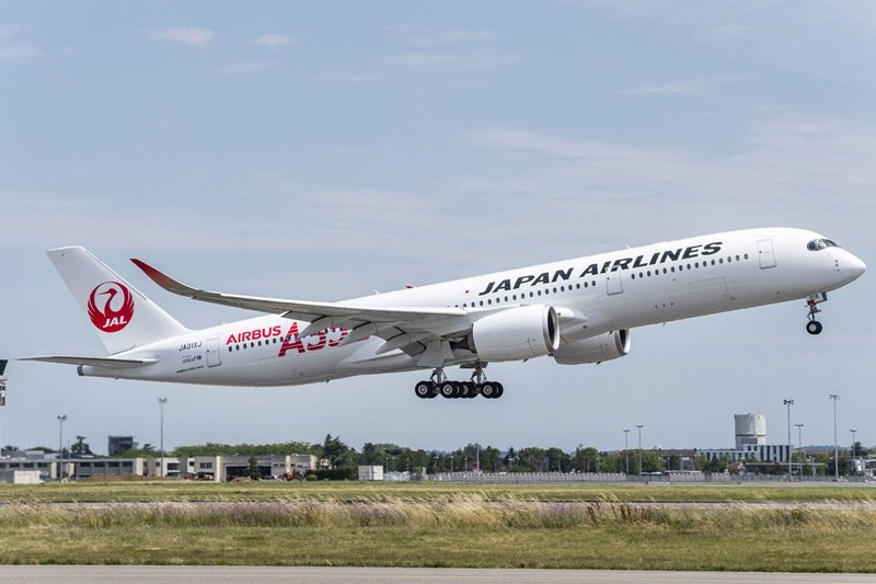  A Japan Airlines Airbus A350-900. The A350 is part of the new generation of giant twin jets using composite materials in its construction. As well as the gain in the weight-to-strength ratio, these materials burn slowly which buys valuable time during an aircraft evacuation. 